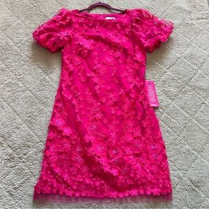 NWT Eliza J Hot Pink Puff Sleeve 3D Floral Shift Dress Women’s Size 6